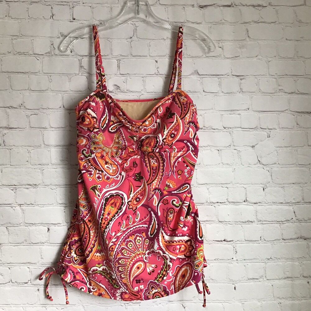 Lands End Womans Tankini Top size 12 Pink Paisley Side Ties Adjustable Straps